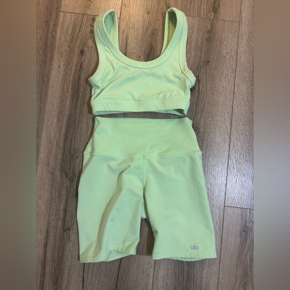 Alo Lime Green Ribbed Sports Bra and Shorts Set